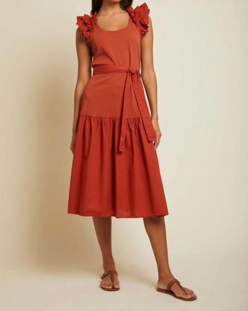 Front of a model wearing a size L Everleigh Frilly Dress in Cayenne in Cayenne by Nation LTD. | dia_product_style_image_id:342870